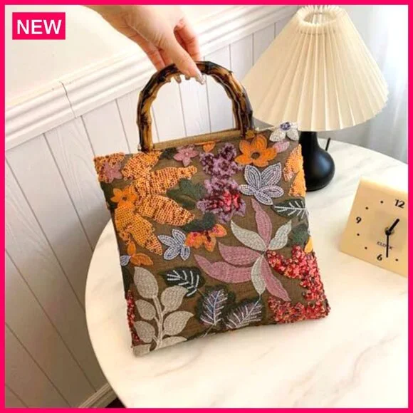 Bamboo Handle Embroidered Clutch Bag, Large Capacity, Retro Style Evening Bag - Picture 4 of 8